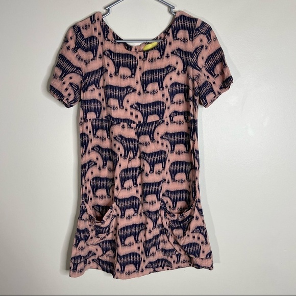 Anthropologie Maeve Shift Dress Zola Bear Print Blush Salmon Pink Navy 4 - Picture 1 of 8